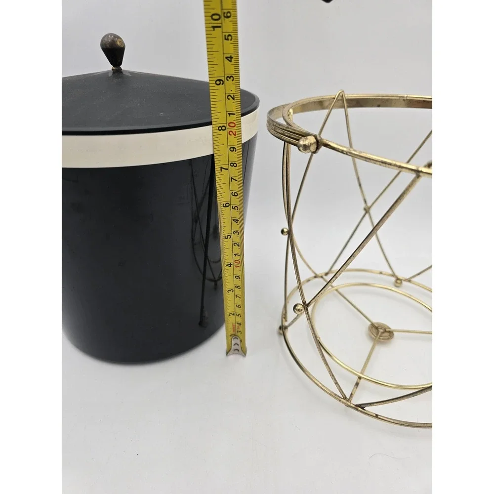 Vintage American Thermos 3940 Ice Bucket Black Gold Metal Wire Drum Frame MCM